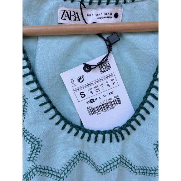NWT Zara Blue Green Embroidered Belted Tunic Midi Dress, Size Small - Picture 11 of 14